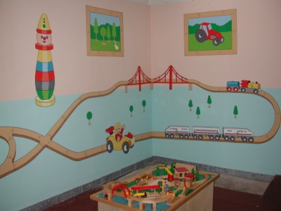 Other view of childrens train set mural