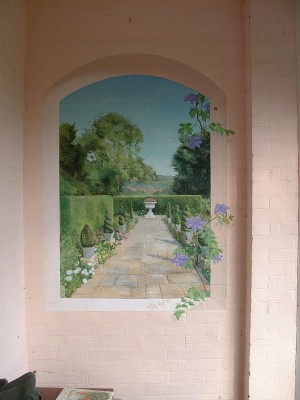 Trompe l'oeil mural scene in a porch