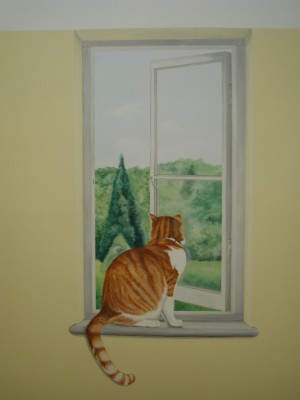 Trompe l'oeil mural painting of cat looking out of window